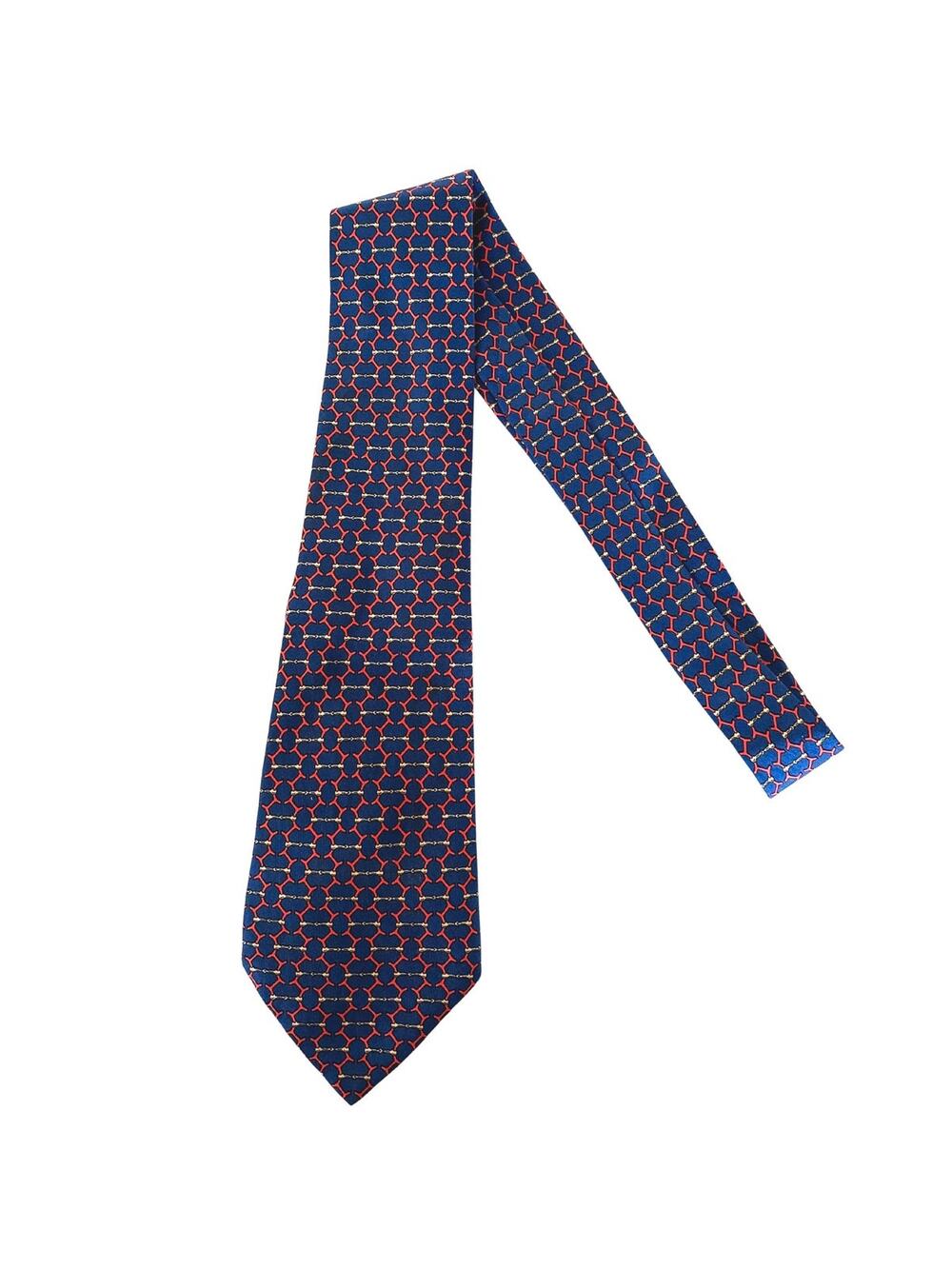 Hermès Paris 100% Silk Tie – Blue & Red Equestrian Bit Chain Link Pattern